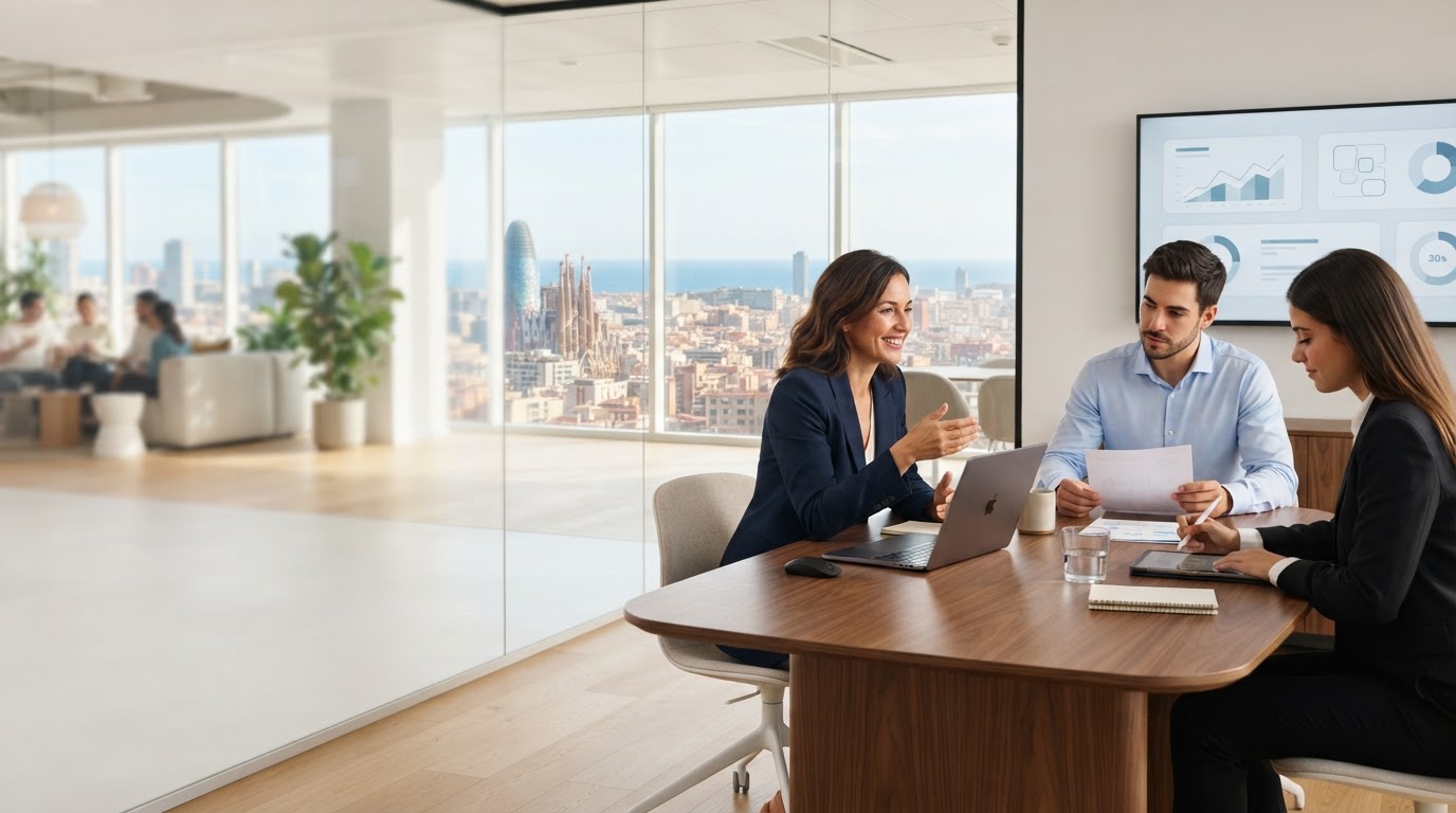 Fianzalto Group: profesional trabajando de forma remota mientras un panel de análisis de mercado se ejecuta en segundo plano